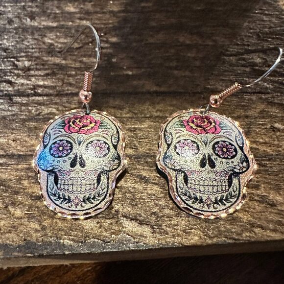 Handmade Boho Copper Earrings, Day of The Dead Rose Wire Earrings, Gift Box - Picture 9 of 10